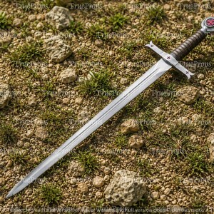 May include: A silver-toned metal sword featuring a long, pointed blade with a central fuller. The crossguard and circular pommel are adorned with small red cross emblems. The handle is wrapped in dark material for a secure grip.