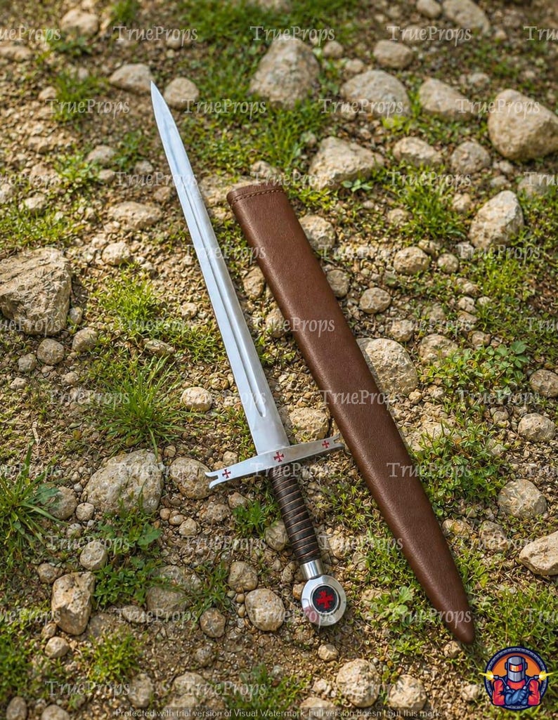 May include: A silver-toned metal sword with a double-edged blade, a crossguard featuring red cross emblems, and a dark brown leather-wrapped grip. The sword includes a matching brown leather scabbard with a rounded pommel displaying a red cross.