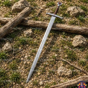 May include: A silver-toned metal sword featuring a long, double-edged blade with a central fuller. The crossguard and pommel are adorned with small red cross emblems. The grip is wrapped in dark brown material, providing a textured handle.