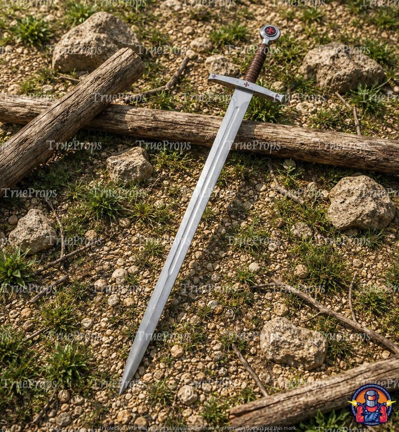 May include: A silver-toned metal sword featuring a long, double-edged blade with a central fuller. The crossguard and pommel are adorned with small red cross emblems. The grip is wrapped in dark brown material, providing a textured handle.