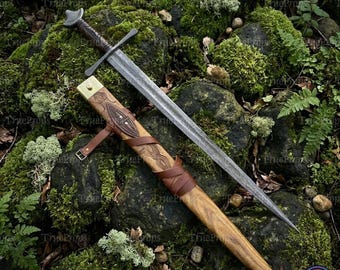 Handgefertigtes Schwert aus Damast-Stahl | 98 cm Raindrop Klinge, geschnitzter Holzgriff & Scheide