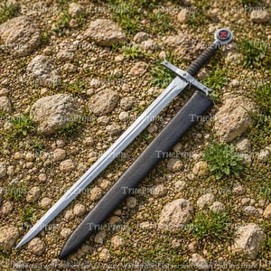 May include: A silver-toned metal sword with a double-edged blade, a cross-shaped guard, and a dark, textured grip. The pommel features a circular design with a red cross emblem. A black scabbard lies diagonally alongside the sword on the ground.