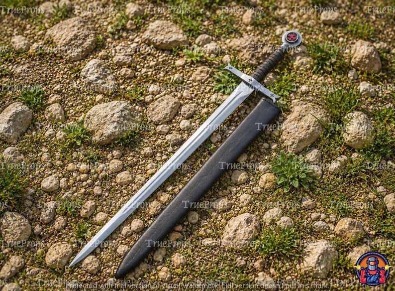 May include: A silver-toned metal sword with a double-edged blade, a cross-shaped guard, and a dark, textured grip. The pommel features a circular design with a red cross emblem. A black scabbard lies diagonally alongside the sword on the ground.