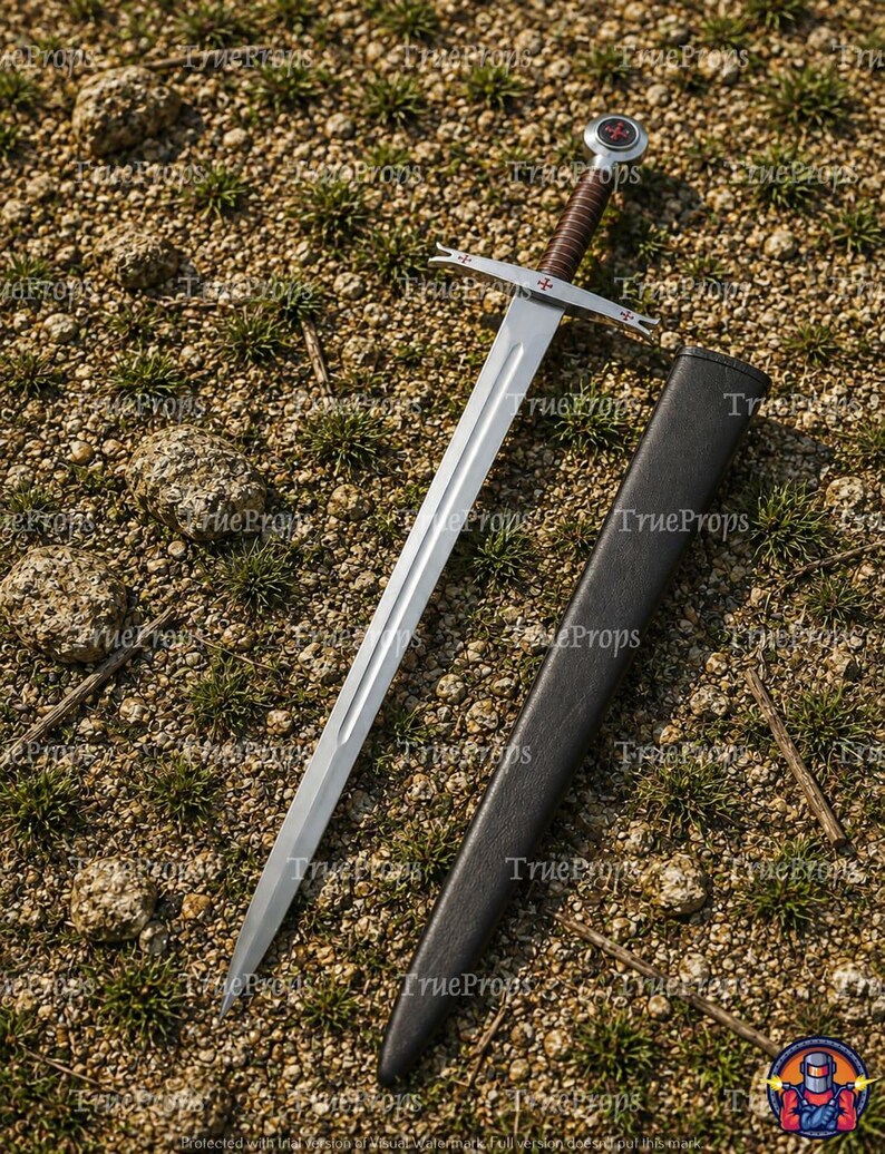 May include: A silver-toned metal sword with a double-edged blade and a central fuller. The hilt features a brown leather-wrapped grip, a crossguard with small red cross emblems, and a circular pommel with a red cross detail, accompanied by a black scabbard.