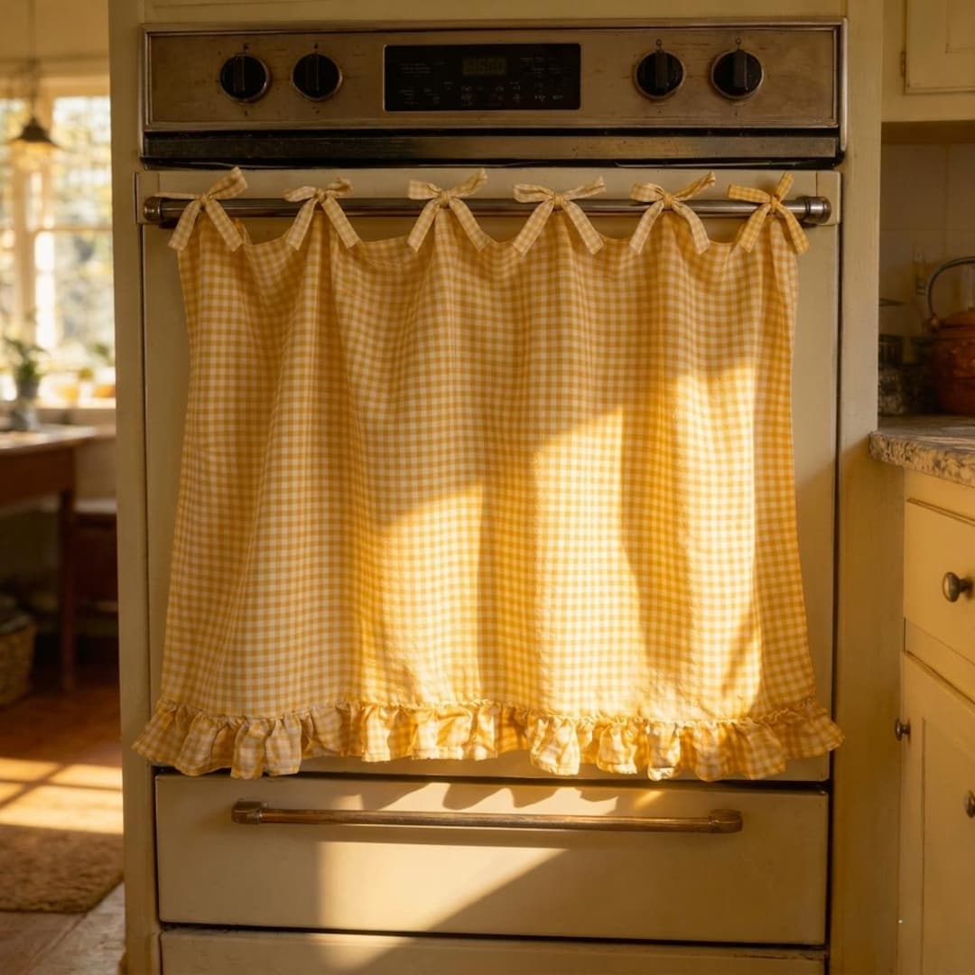 Handmade Boho Oven Skirt, Ribbon Ties & Ruffled Trim, Farmhouse Kitchen Skirt,Cottagecore Stove Decor - Mustard Yellow