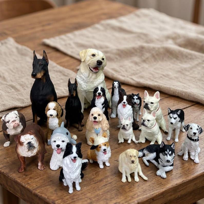 May include: A collection of various dog figurines in different breeds, sizes, and colors, including Dobermans, Bulldogs, a Labrador, a Husky, and a French Bulldog, all arranged together on a wooden surface.