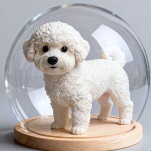 May include: A white Bichon Frise dog figurine with curly fur, black eyes, and a black nose, standing on a round light-colored wooden base. The dog is enclosed within a clear, spherical glass dome that covers the entire figure.