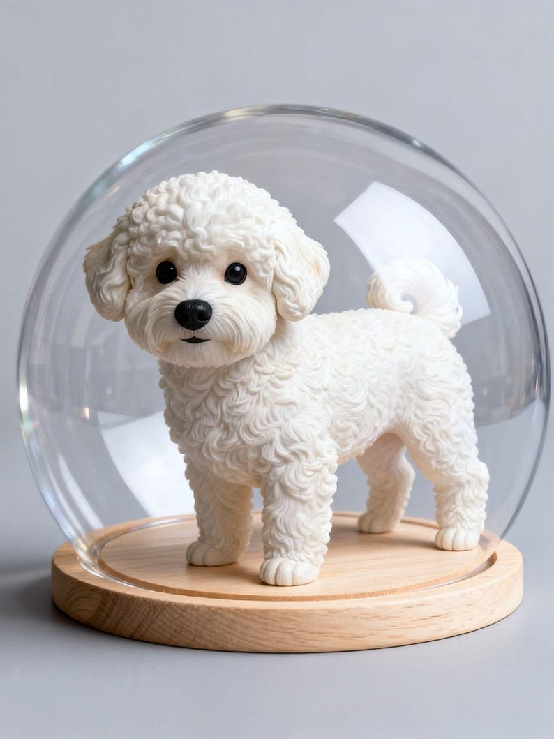 May include: A white Bichon Frise dog figurine with curly fur, black eyes, and a black nose, standing on a round light-colored wooden base. The dog is enclosed within a clear, spherical glass dome that covers the entire figure.