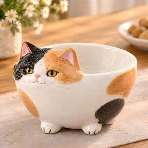 Può includere: Una ciotola in ceramica a forma di gatto calico con base bianca, macchie arancioni e nere, occhi gialli e naso rosa. La ciotola presenta orecchie di gatto scolpite e piccole zampe alla base, con una finitura liscia e lucida e un'apertura ampia.