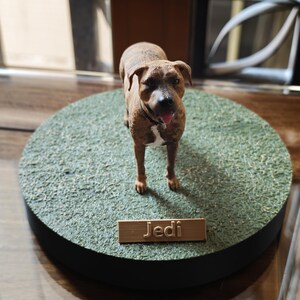 May include: A brown and white brindle dog figurine standing on a circular green textured base. The dog has a black collar and a pink tongue visible. A rectangular plaque attached to the front of the base features the name Jedi in raised letters.