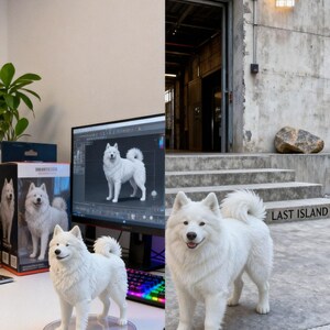May include: A white Samoyed dog figurine standing on a clear circular base, displayed next to a computer monitor showing a 3D digital model of the same dog and a product box labeled Dreamer Coco, with a real Samoyed dog standing outdoors.