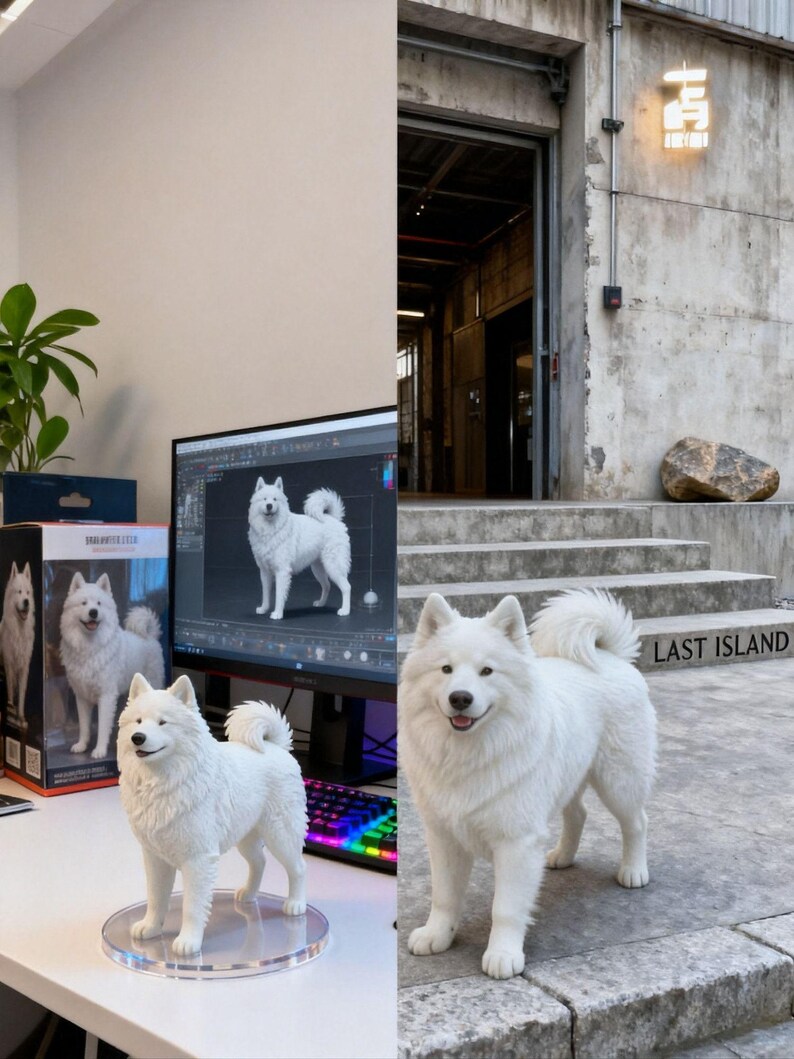 May include: A white Samoyed dog figurine standing on a clear circular base, displayed next to a computer monitor showing a 3D digital model of the same dog and a product box labeled Dreamer Coco, with a real Samoyed dog standing outdoors.