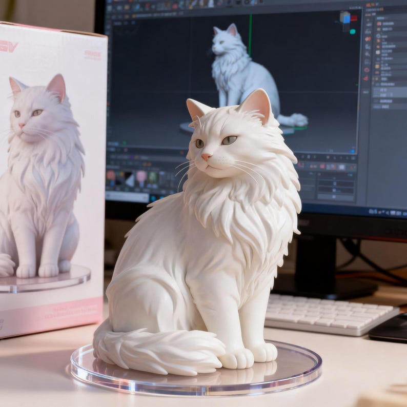 May include: A white cat figurine with long, sculpted fur, sitting in an alert pose on a clear, circular acrylic base. The cat has pointed ears, detailed facial features, and a fluffy tail wrapped around its side, presented as a collectible display piece.