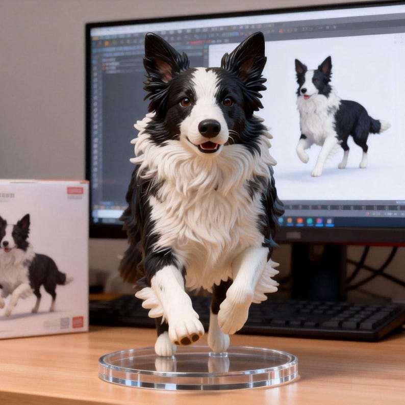 May include: A black and white Border Collie figurine standing on a clear circular base. The dog is depicted in a dynamic pose with its front paws raised, featuring detailed fur texture, pointed ears, and a white chest ruff.