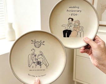 Personalized Wedding Gift Ceramic Plates, Custom Couple Illustration Anniversary Portrait Ceramic Dish