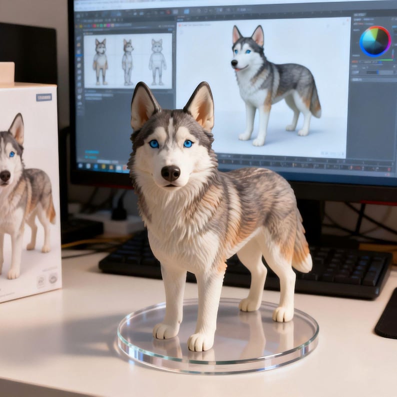 May include: A standing Siberian Husky figurine featuring a gray, white, and tan coat with striking blue eyes. The dog model is mounted on a clear circular acrylic base, positioned in front of a computer monitor displaying a digital 3D render.
