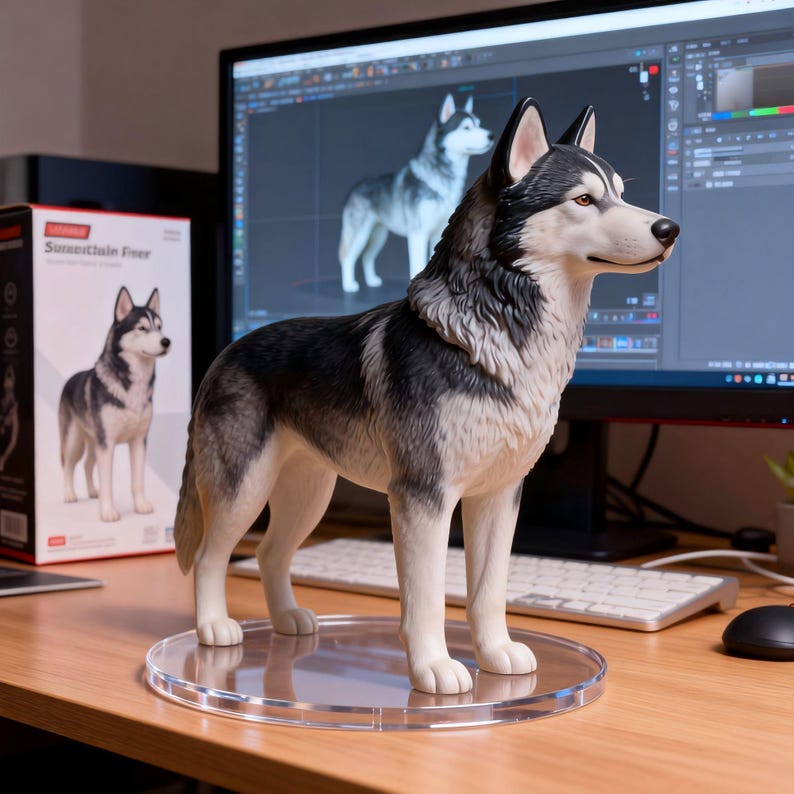 May include: A standing Siberian Husky figurine with black, gray, and white fur, positioned on a clear circular base. The figure features pointed ears, brown eyes, and a black nose, mirroring the image of the dog printed on the adjacent box.