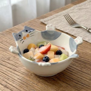 Ciotola in ceramica a forma di gatto dipinta a mano con nome personalizzato: ciotola per snack a forma di gatto, stoviglie, macedonia, piatti piani