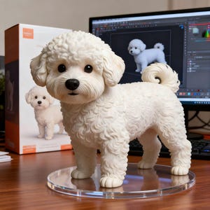 May include: A white Bichon Frise dog figurine with curly fur, black eyes, and a black nose, standing on a clear circular acrylic base. The figurine is positioned in front of a product box and a computer monitor displaying a 3D model of the dog.