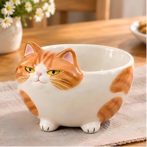 Peut inclure: Un bol en céramique en forme de chat rond avec des rayures orange tabby sur une base blanche. Le chat présente des yeux jaunes, un nez rose et de petites oreilles dépassant du bord. Deux petites pattes sont visibles à la base du bol.