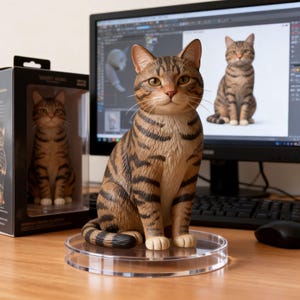 May include: A brown and black tabby cat figurine sits on a clear circular base. The cat has pointed ears, amber eyes, and a detailed striped coat. To the left, a black box displays the same cat figurine inside a clear plastic window.