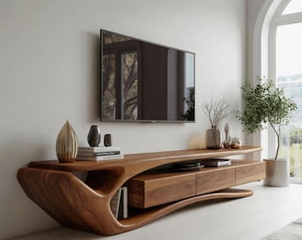 Sculptural Solid Wood TV Stand, Contemporary Curved Media Console with Storage Drawers