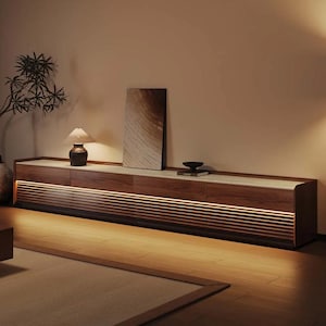 Extra Long Walnut Entertainment Center with Travertine Stone Top and Ambient LED Lighting