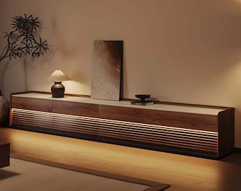 Extra Long Walnut Entertainment Center with Travertine Stone Top and Ambient LED Lighting
