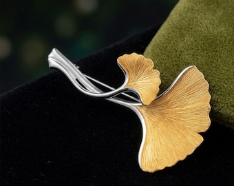 Broche de doble hoja de ginkgo, elegante broche botánico, joyería inspirada en la naturaleza, regalo para ella.