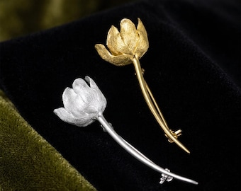 Tulip Brooch Pin, Minimalist Gold Silver Flower Brooch for Women, Elegant Botanical Jewelry, Modern French Style Gift for Her