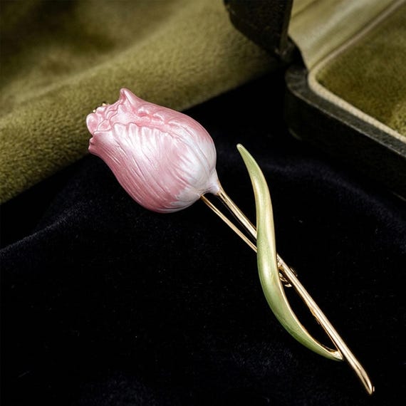 Enamel Painted Tulip Brooch, Floral Art Pin, Elegant Flower Jewelry
