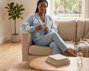 3D Daisy Flower Strickjacke | Gemütlicher Pullover mit Blumenknöpfen