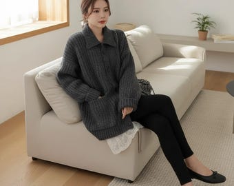 Übergroße grobstrick Strickjacke | Weicher gerippter Polyester-Pullover, Button-Up Gemütliche Strickwaren