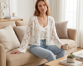 Gehäkelte Daisy Cardigan, gestickte Blumenbluse mit Knöpfen, Boho Strandvertuschung