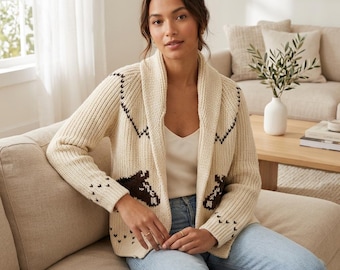 Gestrickter Segelboot Jacquard Pullover für Frauen, Cardigan mit Umlegekragen, Vintage Nautical Langarm Pullover, Ästhetische Küsten Streetwear