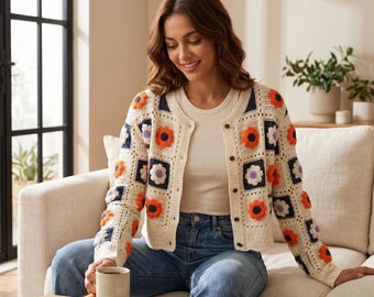 Gehäkelte Floral Patchwork Cardigan, Cotton Knit Button-Front Pullover