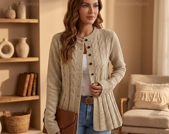 Damen Strickjacke | Einfarbiger O-Neck-Pullover, Acrylgarn-Schichtjacke