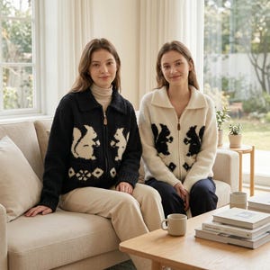 Knitted Animal Print Cardigan for Women, Turn Down Collar Zipper Sweater, Korean Fashion Long Sleeve Jumper, Aesthetic Winter Knitwear