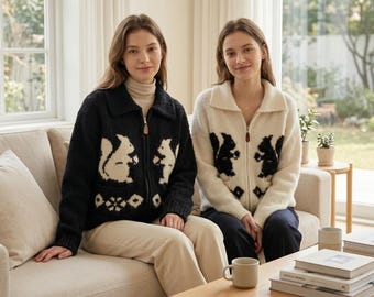 Gestrickte Animal Print-Strickjacke für Frauen, Umlegekragen-Reißverschlusspullover, koreanischer Mode-Langarmpullover, ästhetischer Winterstrick