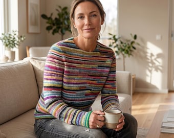 Handgestrickter Baumwoll-Mohair-gestreifter Pullover, übergroße Unisex-Passform, weicher, leichter, kuscheliger Pullover, warme atmungsaktive Herbst-Winterstrickerei