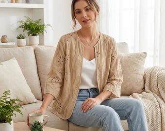 Bestickte Kimono-Strickjacke aus Baumwolle, Boho Lace Beach Cover-Up, 3/4 Ärmel Sommer Shrug