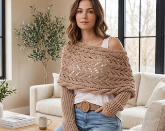 Écharpe avec cache-manches, gilet cache-cœur bohème, pull cache-cœur pour femme, haut châle croisé en tricot léger, couche d'hiver douce, tenues décontractées