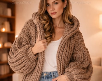 Grobstrick Strickjacke mit Kapuze | Pullover-Mantel aus Wollmischung für Damen, Jacke im Boho-Stil