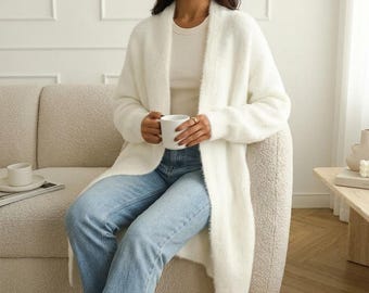 Weiße Lange Damen Strickjacke | Übergroßer flauschiger Winter-Pullover-Mantel | koreanischen Stil Loose Fit Warme Langarm Gemütliche Vintage Strickwaren