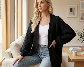 Oversized Strickjacke Damen | Laterne Ärmel Herbst Pullover | Lockere Passform Offen vorne Gemütliches Winter Boho Oberbekleidung Mantel Top