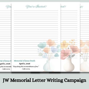 May include: White lined stationery with floral watercolor designs and the text "You're Invited!" and "Memorial of Jesus Death April 2, 2026". The text "Keep doing this in remembrance of me." is also included. The bottom of the image reads "JW Memorial Letter Writing Campaign".