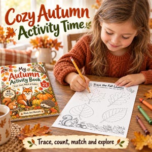 Könnte beinhalten: Ein My Autumn Activity Book mit Fuchs, Eichhörnchen, Igel und Eule auf dem Cover. Ein Arbeitsblatt mit dem Titel Trace the Fall Leaves zeigt gepunktete Blätter und ein Eichhörnchen. Ein gelber Stift wird zum Nachzeichnen der Linien verwendet.
