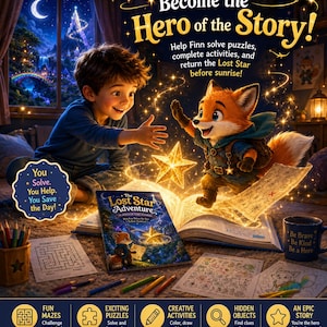 Könnte beinhalten: Ein Kinder-Aktivitätsbuch mit dem Titel The Lost Star Adventure mit einer Fuchsfigur, dazu Arbeitsblätter, Buntstifte und eine Tasse mit dem Text Be Brave, Be Kind, Be a Hero, vor einer magischen nächtlichen Kulisse.