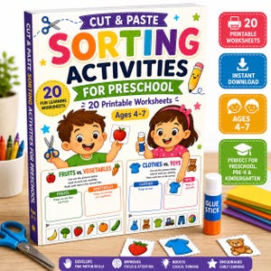 Cut & Paste Sorting Activities for Preschool | 20 Printable Worksheets | Preschool, Pre-K and Kindergarten | Fine Motor Skills PDF