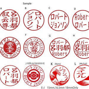 May include: A collection of red ink stamps with various Japanese characters and English names. The stamps are circular, with text arranged around the edges and in the center. Some include illustrations.